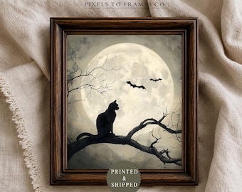 Moody Cat Bats Halloween UNFRAMED Wall Art Print, Dark Cottagecore Decor, Vintage Gothic Cat Gallery Wall Art PRINTED & SHIPPED