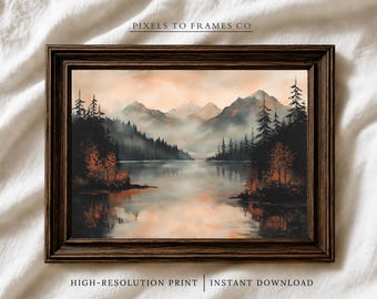 Lámina decorativa para pared con paisaje otoñal de lago, lámina artística de montaña brumosa, decoración rústica de granja para otoño (descarga digital)