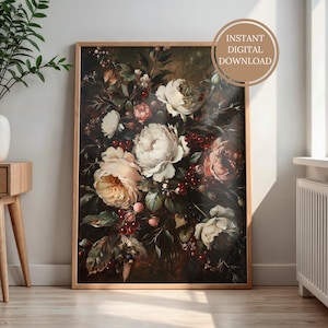 Winter Flower Print Christmas Decor, Vintage Printable Wall Art, Dark Moody Winter Floral Bouquet Painting, Digital Download
