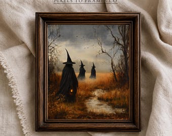 Halloween Witches Printable Wall Art, Vintage Witch Painting, Spooky Autumn Landscape Gothic Fall Gallery Wall Decor, Digital Download