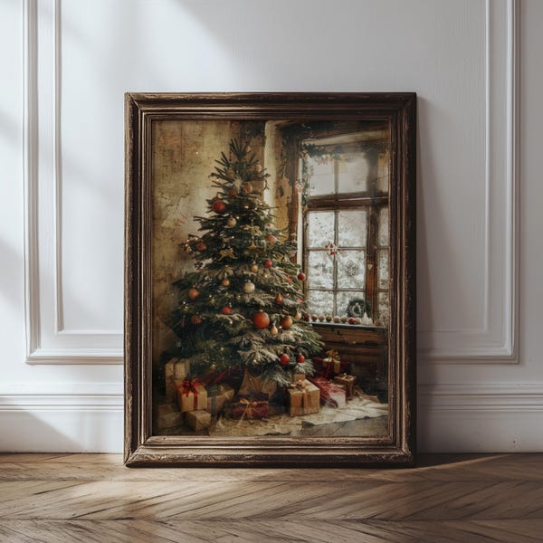 Vintage Christmas Tree Painting, Cozy Cottage Holiday Décor, Moody Natural Antique Holiday Winter Evergreen Tree Print, Digital Download