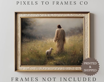 Jesus Leaves The 99, Christian Good Shepherd Artwork, Lost Sheep Parable, Boho Christian Landscape wall art, Bible verse, Printed & Shipped