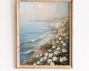 Printable Coastal Wildflowers Wall Art, Vintage Summer Ocean Landscape Painting, Farmhouse Beach Print, Ocean Seascape, Spring Home Decor