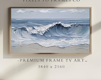 Blue Ocean Waves Wall Art for Frame TV Display, Moody Seascape Painting, Neutral Abstract Beach House Decor, Cool Toned Textured Screensaver