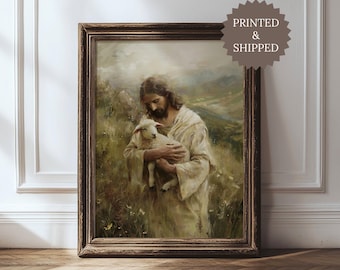 Jesus Faithful Shepherd Mailed Print, Serene Landscape Painting of Jesus with Lamb Sheep, Modern Christian Wall Decor, PRINTED & SHIPPED