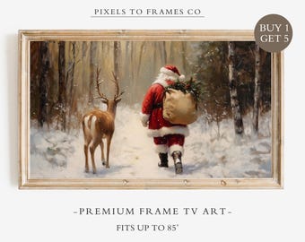 Santa and Reindeer Frame TV Art, Vintage Christmas Woodland TV Screensaver, Digital Download, Snowy Forest Samsung TV Decor, Festive Tv Art