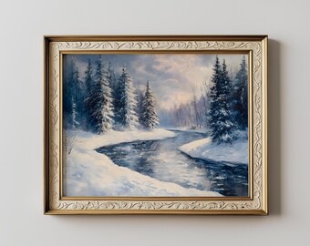 Arte mural imprimible con río en el bosque invernal, pintura vintage de paisaje nevado, decoración acogedora de estilo cottagecore invernal, arte rústico navideño para pared