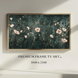 Flower Painting Frame TV Art, Antique Dark Green Peach Wildflower Screensaver, Earthy Organic Floral Vintage Botanical Summer Decor