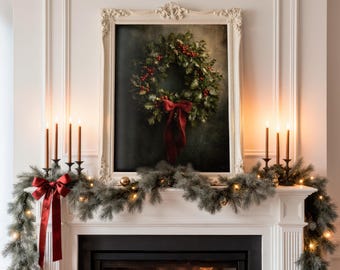 Vintage kerstkrans humeurig muurkunst, donkere kerstkrans kunst, vintage afdrukbare kerst schilderij, feestelijk winter decor, digitale download