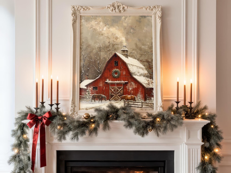 Christmas Red Barn in Snow Wall Art, Rustic Xmas Farmhouse Print, Snowy ...