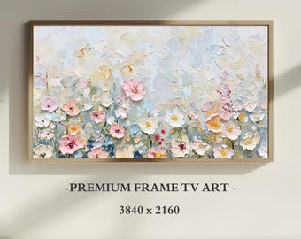 Abstract Samsung Frame TV Art, Spring Oil Painting, Textured Spring Wildflowers Painting, Neutral Farmhouse Decor, Digital Download TV Frame