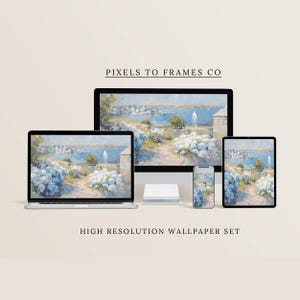 May include: A digital wallpaper set displayed on a desktop monitor, laptop, tablet, and smartphone. The screens feature an impressionist coastal painting with blue hydrangeas in the foreground and a sailboat on the water. Text reads PIXELS TO FRAMES CO.