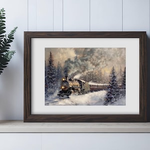 May include: A framed print of a vintage steam train traveling through a snowy forest. The artwork features a detailed depiction of the train with smoke billowing from its smokestack, surrounded by snow-covered trees.