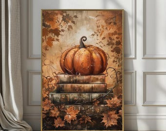 Fall Print Pumpkin Wall Art, Bookish Oil Painting, Vintage Book Stack Fall Printable Art, Cozy Autumn Reading Art, Fall Season Vibe Print