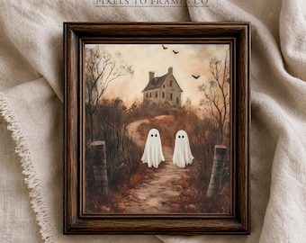 Vintage Halloween Ghosts Printable Wall Art, Haunted House Painting, Vintage Spooky Fall Gallery Wall Decor, Digital Download