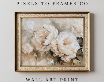 Printable Peonies Wall Art, Vintage Floral Impressionist Print, Antique White and Beige Flowers Artwork, Gift for Mom, Digital Download
