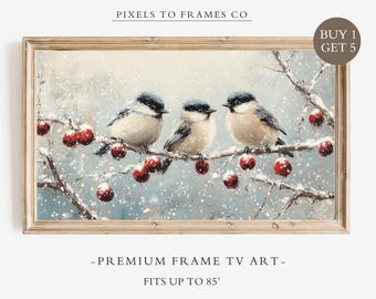 Winter Chickadees Frame TV Art, Christmas TV Screensaver, Snowy Winter Wallpaper, Festive Farmhouse Wall Decor, Winter Birds Oil Painting