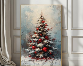Vintage Christmas Tree Print, Christmas Decor Printable Wall Art, Moody Natural Antique Holiday Winter Evergreen Tree Painting