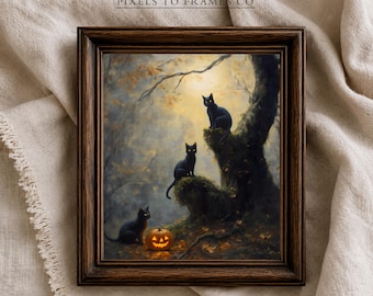 Halloween Black Cats Printable Wall Art, Spooky Autumn Forest Pumpkin Painting, Moody Farmhouse Gallery Wall Decor (Digital Download)