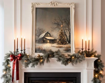 Rustic Christmas Barn Wall Art, Printable Winter Farmhouse Scene, Vintage Snowy Landscape with Tree and Lights, Festive Digital Download