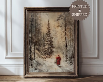 Vintage Christmas Santa and Reindeer in Snowy Forest UNFRAMED Print, Rustic Winter Home Painting, Antique Holiday Decor, Printed & Shipped