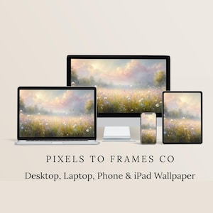 May include: A collection of electronic devices, including a desktop computer, laptop, smartphone, and tablet, each displaying a serene landscape wallpaper. The wallpaper features a field of wildflowers under a pastel sky. The text "PIXELS TO FRAMES CO" and "Desktop, Laptop, Phone & iPad Wallpaper" are visible.
