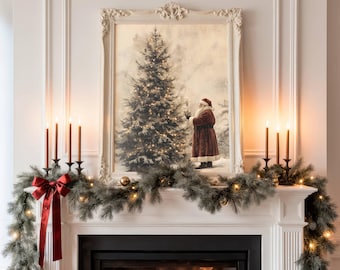 Julgranstryck med jultomten, vintage julgransprydnad med jultomte, nostalgisk mysig festlig heminredning, neutral oljemålning med julmotiv