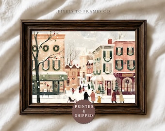 Lámina decorativa sin marco para pared con temática de pueblo navideño, decoración de calle invernal, ilustración vintage de pueblo navideño, lámina acogedora de mercado navideño.