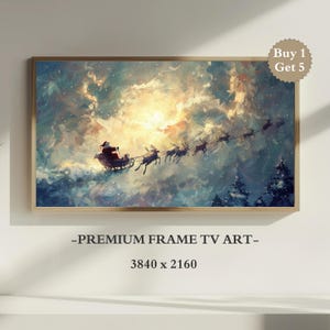 FRAME TV art Santa and Reindeer Flying, Christmas Frame tv pictures, Samsung Frame tv artwork Christmas vintage style Santa sleigh