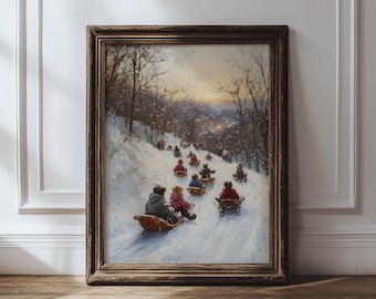 Winter Village Sledding Scene Art Print, Children Winter Sledding Painting, Nostalgic Snow Landscape Painting, Christmas Wall Art