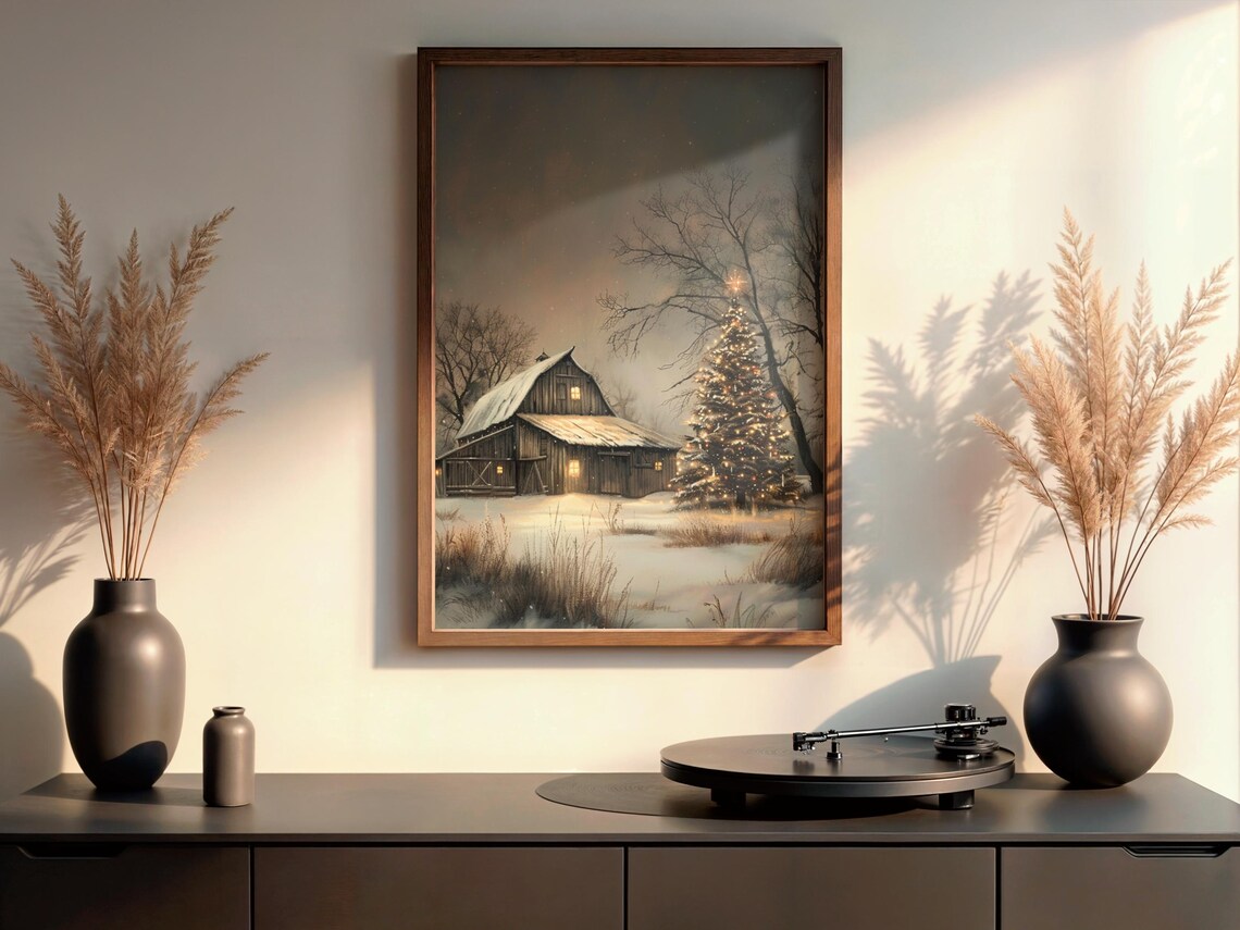 Rustic Christmas Barn Wall Art, Winter Farmhouse Scene, Vintage Snowy ...