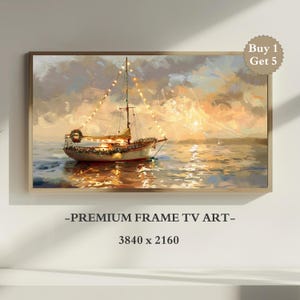 May include: A framed painting of a sailboat on the water at sunset. The boat is decorated with lights and a wreath. The sky is filled with orange, yellow, and gray clouds. Text on the bottom reads "-PREMIUM FRAME TV ART-" and "3840 x 2160".