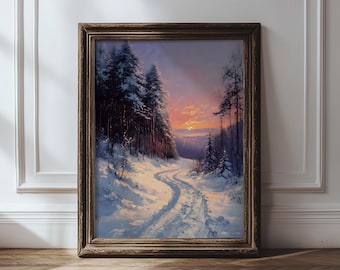 Arte mural imprimible con paisaje invernal de cabaña, escena de atardecer nevado con árboles de hoja perenne, sendero rústico de bosque invernal, decoración de pared con un ambiente invernal melancólico