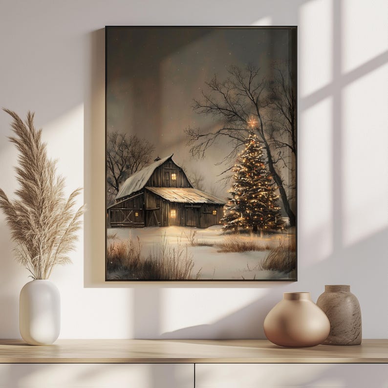 Rustic Christmas Barn Wall Art, Winter Farmhouse Scene, Vintage Snowy ...