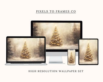 May include: A digital wallpaper set displayed on a desktop monitor, laptop, tablet, and smartphone. The screens feature a snowy forest scene with a glowing, lit Christmas tree. Text reads PIXELS TO FRAMES CO and HIGH RESOLUTION WALLPAPER SET.