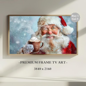 Pink Santa Frame TV Art | 4K & 8K Vintage Santa Claus Drinking Hot Cocoa Art for TV | Fun Holiday Artwork Digital Download