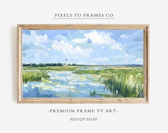 Kustnära sommarbild på TV, digital målning av träskmarker och fyrar, blågrönt havslandskap, minimalistisk direktnedladdning för Samsung