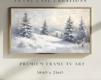 Arte para TV con marco de árboles nevados de hoja perenne, protector de pantalla navideño con un bosque invernal, acogedor paisaje rústico navideño para Samsung TV.