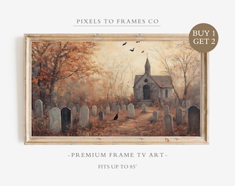 Halloween Black Cat Samsung Frame TV Art, Vintage Fall Landscape Oil Painting, Spooky Halloween Wall Decor, Fall Farmhouse Digital Download