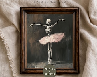 Skeleton Ballerina UNFRAMED Wall Art Print, Gothic Ballet Painting, Pink Tutu Halloween Wall Decor, Dark Academia Gallery, PRINTED & SHIPPED