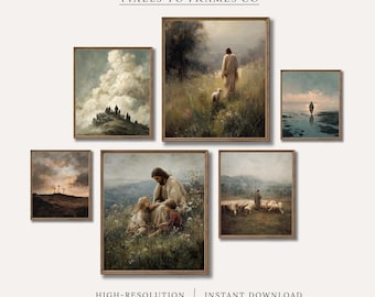 イエス・キリストの壁掛けアートプリント6枚セット、ヴィンテージ風イエス降誕壁掛けアートデジタル絵画、キリスト教のリビングルーム装飾、ギャラリーウォールセットプリント
