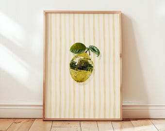 Lemon Disco Ball Kitchen Print: Retro Food Wall Art