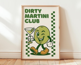 Dirty Martini Club Print: Retro Cocktail Poster, Bar Cart Art