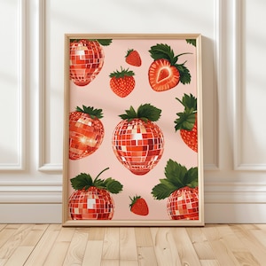 Aardbei discobal print, discofruit, dopamine decor, keukenmuurkunst, retro muurkunst, appartementdecor, keukenprints, trendy muurkunst