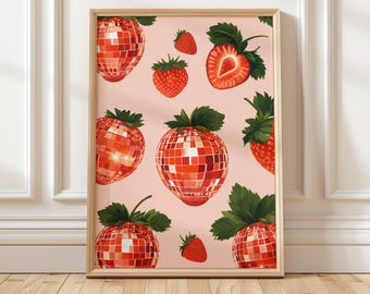 Grafika z truskawkową kulą dyskotekową: dekoracja ścienna do kuchni w stylu retro