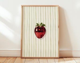 Grafika z truskawkową kulą dyskotekową: dekoracja ścienna do kuchni w stylu retro