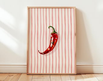 Red Chilli Disco Ball Print: Retro Kitchen Wall Art