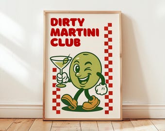 Dirty Martini Club Poster: Retro Cocktail Poster, Barwagen Kunst