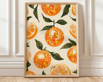 Kunstprint oranje discobal: retro keukenmuurdecoratie