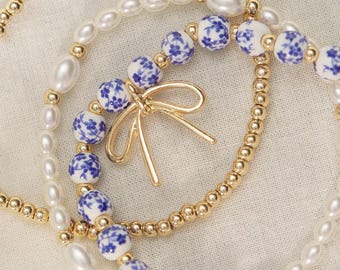 Bow Bracelet Stack, Pearl and Gold, Blue Flower Bead Bracelet, Trendy, Alter’d State Dup., Girlie Bracelet, Romantic Vintage Floral Bracelet